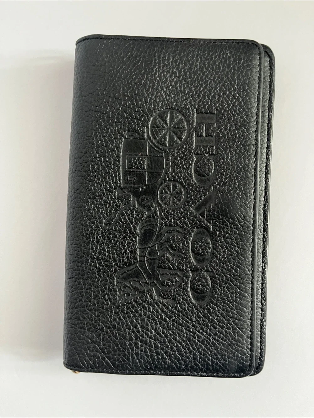 Coach Black Pebble Leather Continental Wallet with Embossed Carriage
